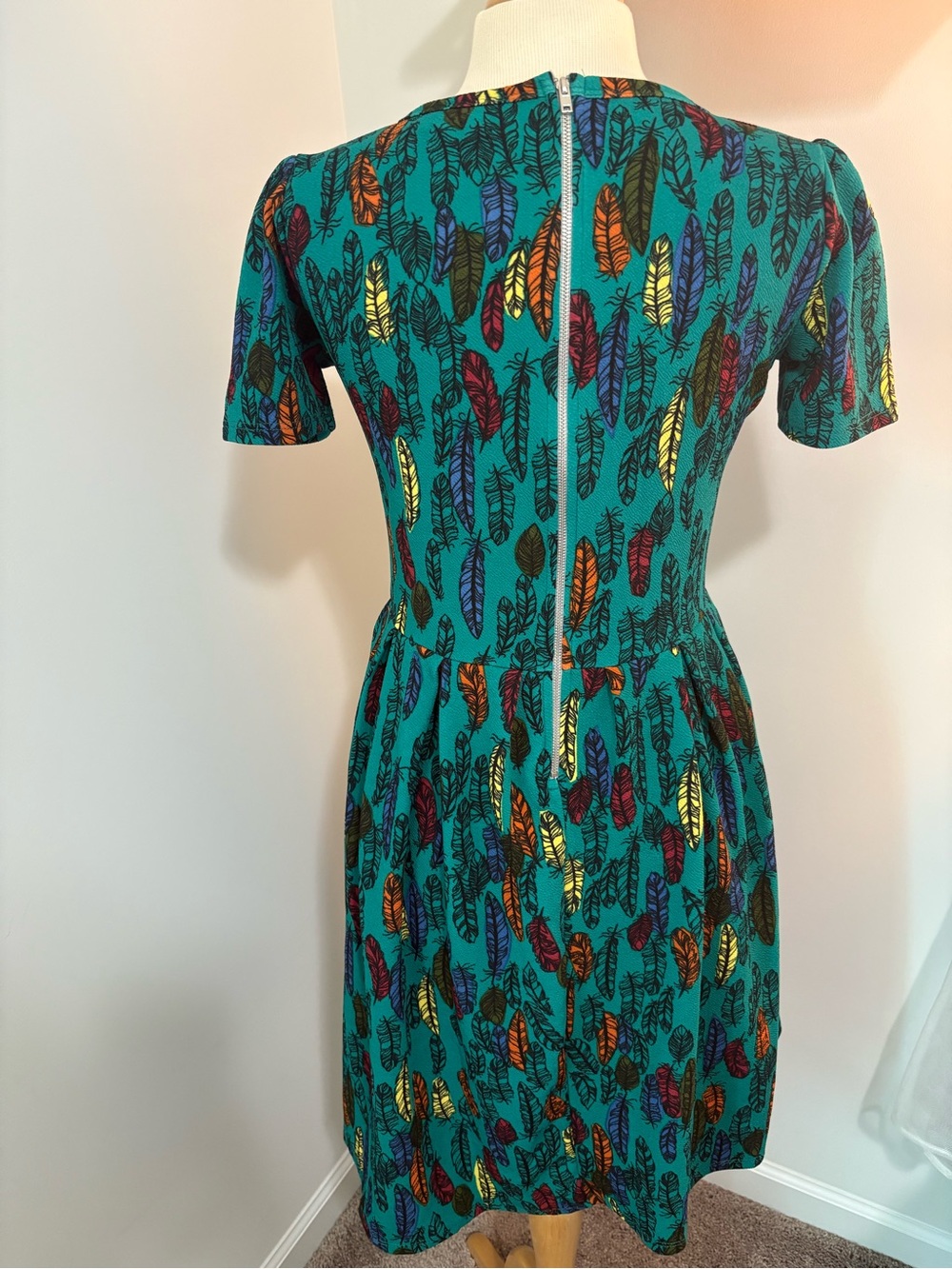 Teal Feather-Print Fit & Flare Dress - Picture 6 of 9